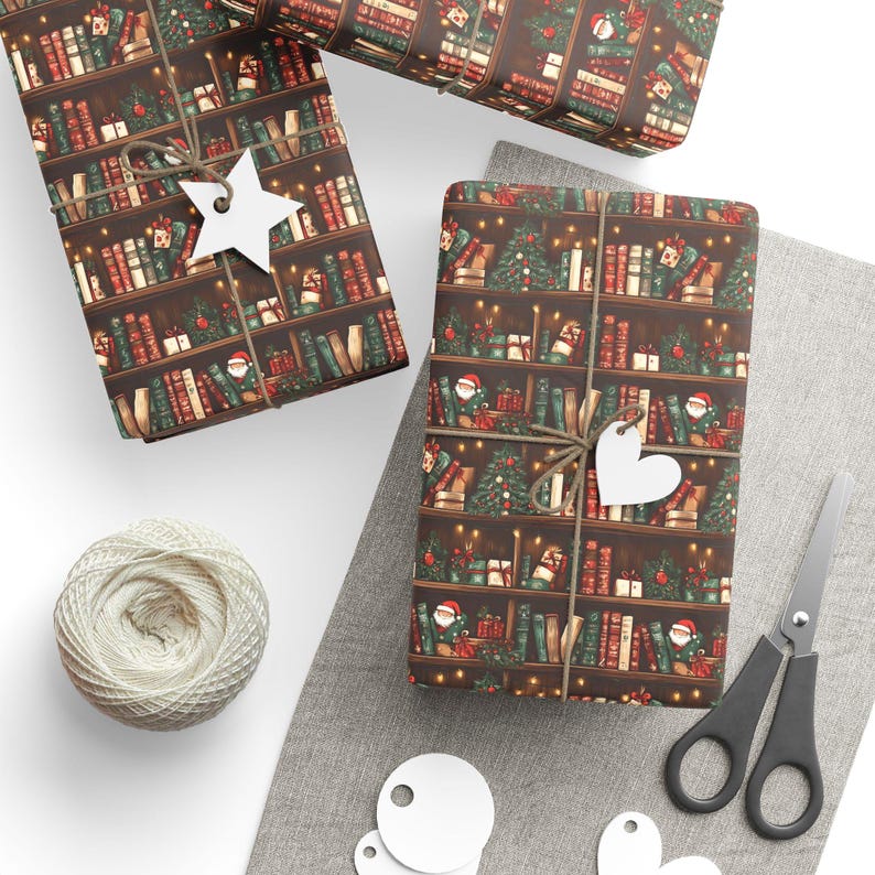 Vintage Christmas Bookish Wrapping Papers, Holiday Book Lover Gift Wrap, Literary Themed Present Wrap, Bookworm Christmas Decor, Book Nerd image 1