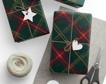Vintage Green Tartan Christmas Wrapping Paper Roll, Elegant Holiday Gift Wrap, Classic Seasonal Gift Wrap, Luxury Christmas Paper