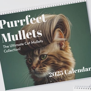 Funny Cats 2025 Wall Calendar, Cat with Mullets, White Elephant Gift for adults, 2025 Monthly Calendar, Gag Gift Co workers, Humor gift
