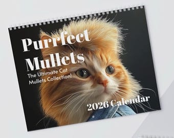 Calendario de pared 2026, Gato con mullet, Regalo de Navidad, Regalo de amigo invisible, Calendario mensual, Regalo gracioso, Compañeros de trabajo, Calendario divertido