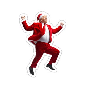 May include: A sticker featuring a person in a red Santa suit and hat, jumping with arms raised. The person is wearing a white shirt and a red tie. The sticker has a white border.
