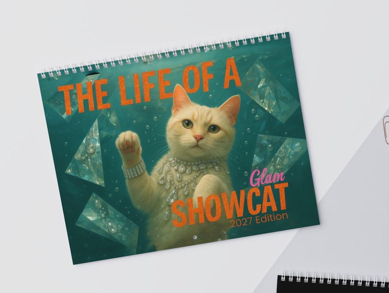 May include: A spiral-bound wall calendar featuring a cream-colored cat wearing a rhinestone necklace and bracelet. The background is a deep teal with floating diamond shapes and bubbles. The text reads THE LIFE OF A Glam SHOWCAT 2027 Edition.