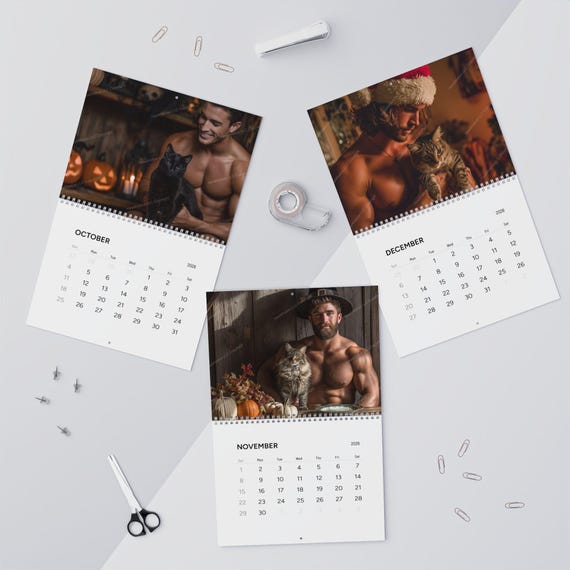 Christmas Gift Shirtless Men & Cats Wall Calendar (2026) Gift for