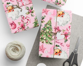 Retro Christmas Wrapping Paper: Pink Retro Santa Wonderland | Gift Wrap | Holiday Wrapping | Christmas Wrap