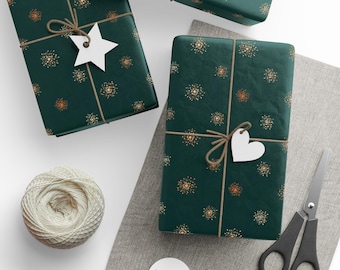 Vintage Christmas Green Gold Wrapping Paper Rolls- Christmas Gift Wrap Retro, Holiday Festive Gift Packaging, Festive Xmas Paper