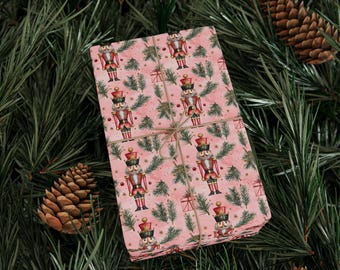Nutcracker Pattern Wrapping Paper | Elegant Pink Holiday Gift Wrap, Christmas Tree Sprigs Ralph Lauren Inspired