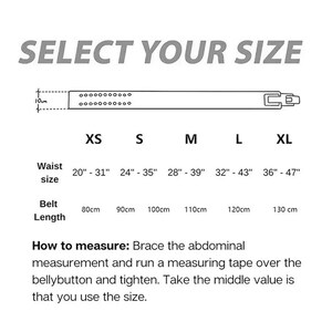 K&ouml;nnte beinhalten: Bild mit dem Text "SELECT YOUR SIZE" und einer Gr&ouml;&szlig;entabelle f&uuml;r G&uuml;rtel. Gr&ouml;&szlig;en reichen von XS bis XL, mit Taillengr&ouml;&szlig;en von 51cm bis 119cm und G&uuml;rtell&auml;ngen von 80cm bis 130cm. Enth&auml;lt Messanweisungen.