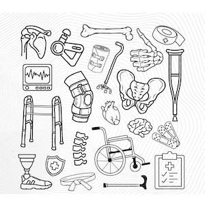 Può includere: Illustrazione in bianco e nero di linea di arte di attrezzature mediche e parti del corpo. L'illustrazione include un deambulatore, le stampelle, una ginocchiera, una sedia a rotelle, un bastone, un cuore, un cervello, un osso, una colonna vertebrale, un'anca e una benda.