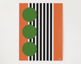 Colorful Abstract Wall Art – Bauhaus-Inspired Digital Print with Green Circles & Orange Stripes – Modern Geometric Home Decor