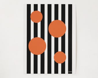 Modern Op Art Print - Bold Black and White Stripes with Orange Circles - Retro Geometric Abstract Digital Download
