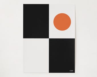 Minimalist Geometric Art Print - Black & White Color Block with Bold Orange Circle - Modern Abstract Digital Download