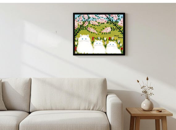 Maud Lewis, White Cats with Blue Eyes 1965  | Vintage Canadian Folk Art