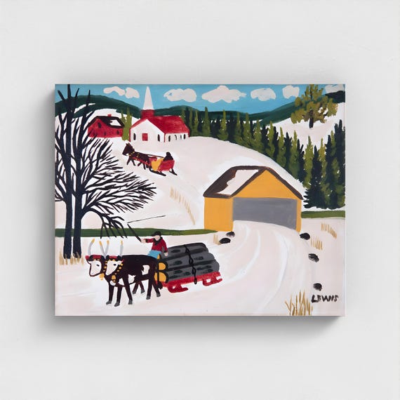 Maud Lewis, Oxen and Logs on Country Road -1958   | Vintage Canadian Folk Art