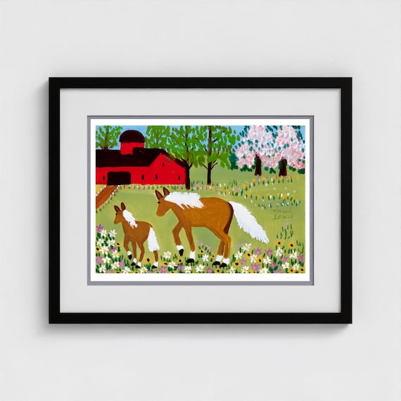 Maud Lewis Art Print, Mare and Foal, Canadian Folk Art