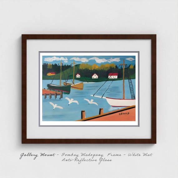 Maud Lewis Boats in the Harbour 1958 Giclee Canvas Print | Nova Scotia Folk Art | Maritime Wharf Scene | Canadian Fishing Boats Seagulls