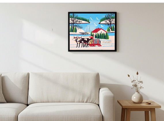 Maud Lewis, Oxen Hauling Logs Near Harbour -1964  | Vintage Canadian Folk Art