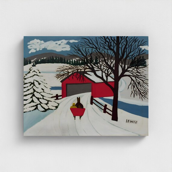 Maud Lewis, Covered Bridge and Winter Sleigh-1959  | Vintage Canadian Folk Art