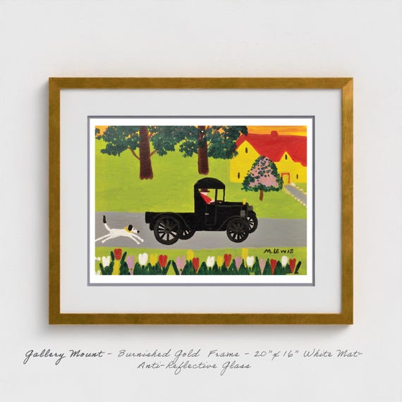 Maud Lewis Folk Art Print: Dog Chasing Truck, Nova Scotia Maritime Comedy