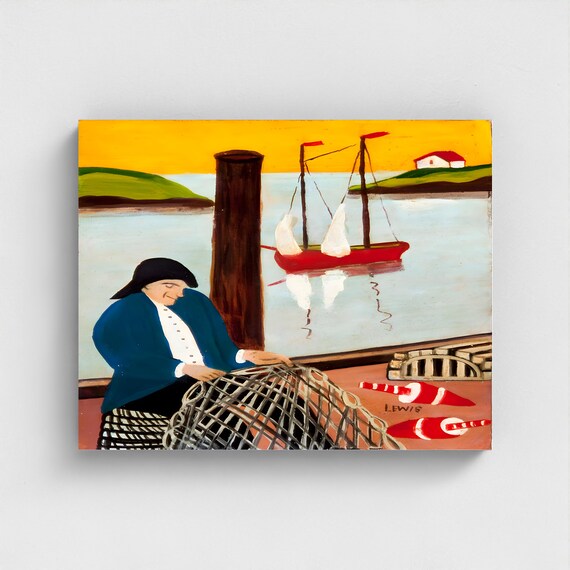 Maud Lewis, Fisherman on the Wharf - 1948  | Vintage Canadian Folk Art