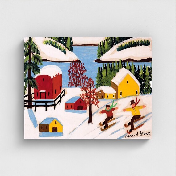 Maud Lewis, Children Skiing  | Vintage Canadian Folk Art