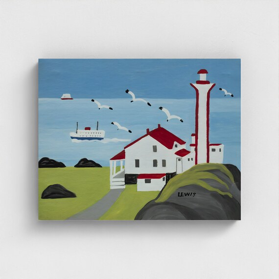 Maud Lewis, Lighthouse and Ferry at Cape Forchu  | Vintage Canadian Folk Art
