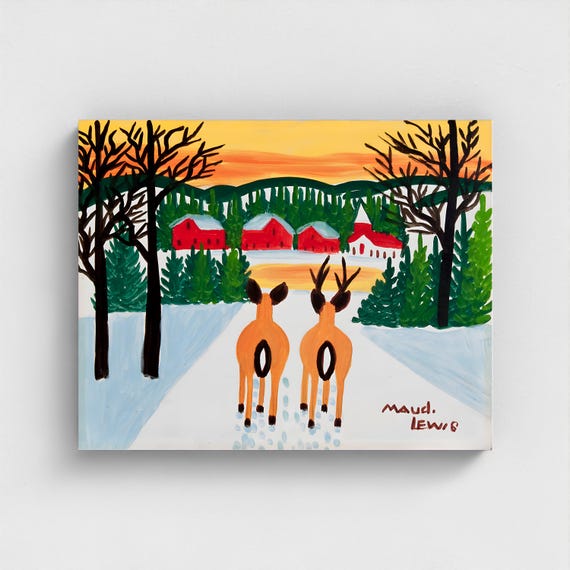 Maud Lewis, Deer Overlooking Village-1966 | Vintage Canadian Folk Art