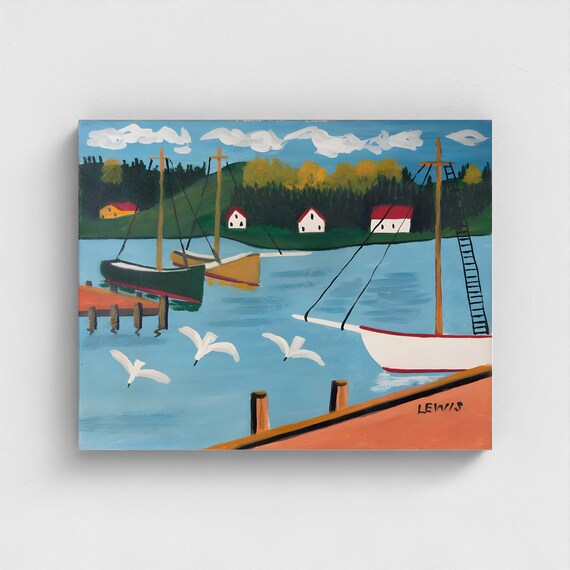 Maud Lewis, Boats in the Harbour-1958 | Vintage Canadian Folk Art
