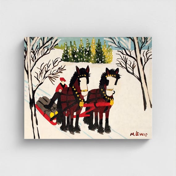 Maud Lewis, Horses Hauling Logs | Vintage Canadian Folk Art