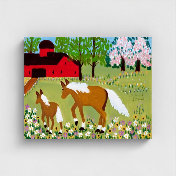 Maud Lewis, Mare and Foal in Spring Meadow-1965  | Vintage Canadian Folk Art