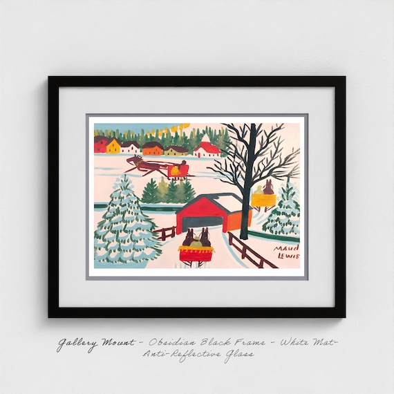 Maud Lewis Folk Art Print: Sleighs and Covered Bridge, Nova Scotia Winter