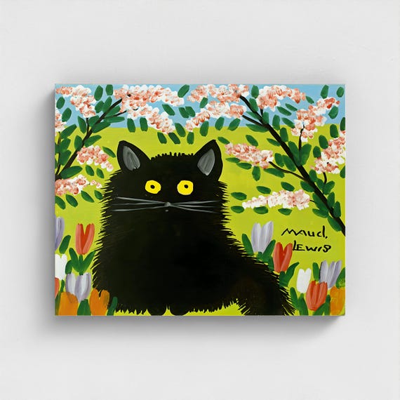 Maud Lewis, Black Cat Tulips | Canadian Heritage Art Canvas Framed and unframed