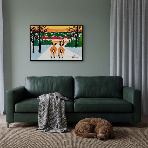 Maud Lewis Deer Overlooking Village 1966 | Giclee Fine Art Reproduction Print | Nova Scotia Folk Tradition | Canvas Print | Christmas Gift
