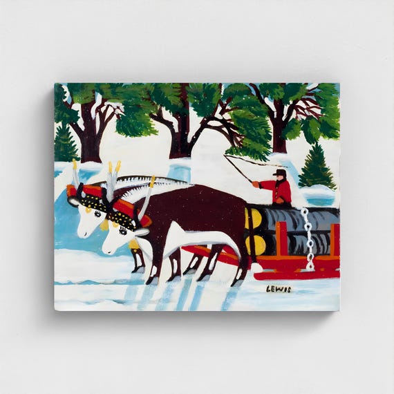 Maud Lewis, Ox Team Hauling Logs 1955 | Vintage Canadian Folk Art Canvas
