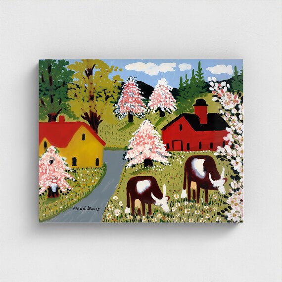 Maud Lewis, Cows Grazing | Vintage Canadian Folk Art