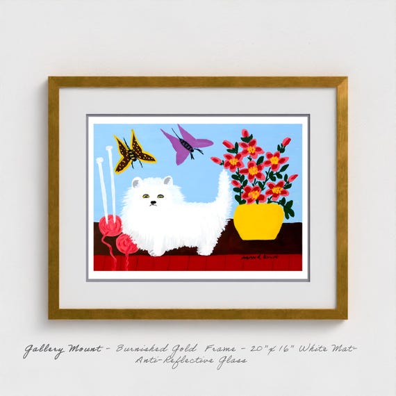 Maud Lewis White Cat With Flowers | Nova Scotia Folk Art, Whimsical Floral Painting