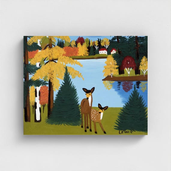 Maud Lewis, Fall Deer and Faun | Canadian Heritage Art Canvas Framed and unframed