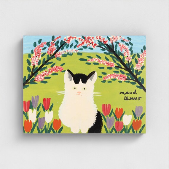 Maud Lewis, Black and White Cat | Canadian Heritage Art Canvas Framed and unframed