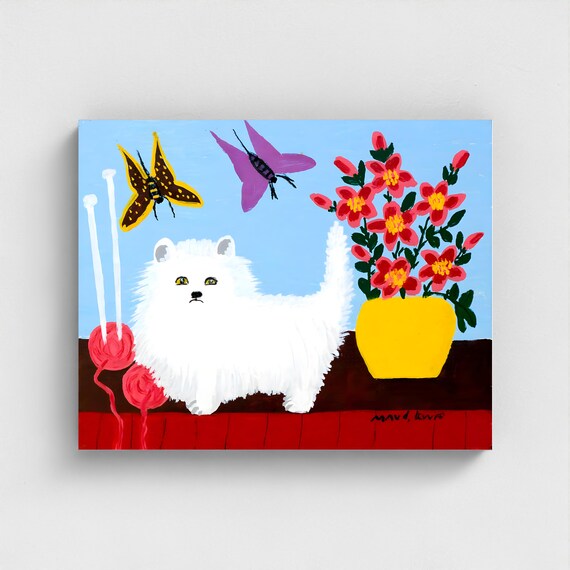 Maud Lewis, White Cat with Flowers-1963 | Vintage Canadian Folk Art