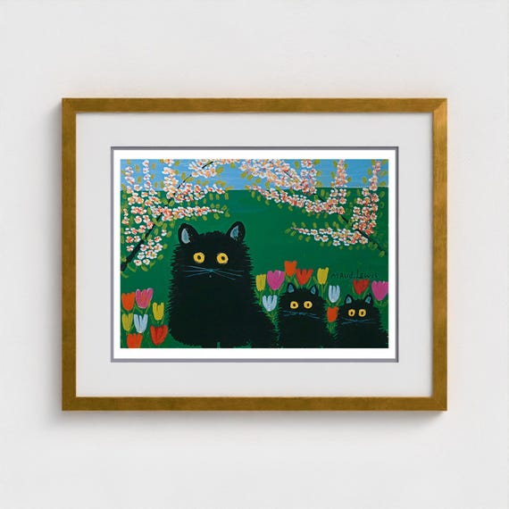 Maud Lewis Art Print, Three Black Cats and Tulips, Canadian Folk Art