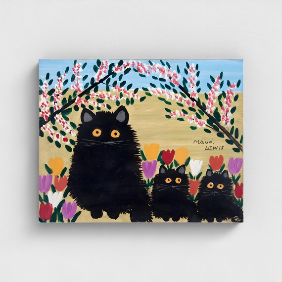 Maud Lewis, Black Cat, Two Kittens-1965 | Canadian Heritage Art Canvas Framed and unframed
