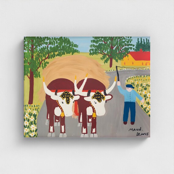 Maud Lewis, Oxen Hauling Hay-1964  | Vintage Canadian Folk Art
