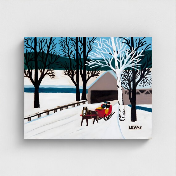 Maud Lewis, Red Sleigh Leaving Brown Bridge -1956  | Vintage Canadian Folk Art