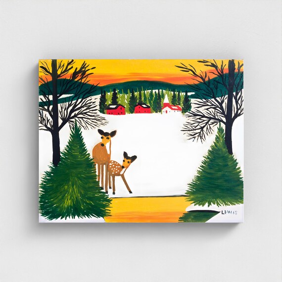 Maud Lewis, Deer at Sunset-1957| Vintage Canadian Folk Art