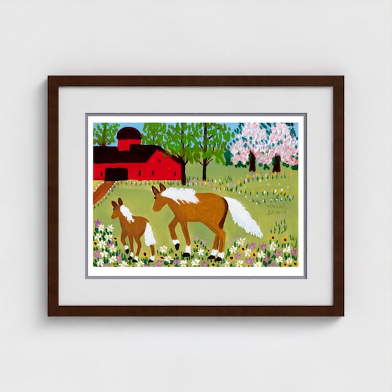 Maud Lewis, Mare and Foal in Spring Meadow | Canadian Folk Art | Museum Quality | Maritime Heritage Print |