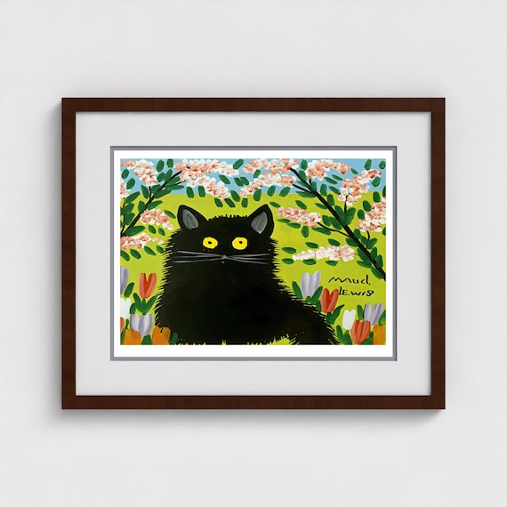 Maud Lewis, Black Cat Tulips | Giclée Fine Art Print | Canadian Heritage Folk Art
