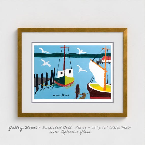 Maud Lewis Boats at the Dock 1966 Giclee Canvas Print | Nova Scotia Folk Art | Maritime Harbour Scene | Canadian Fishing Village