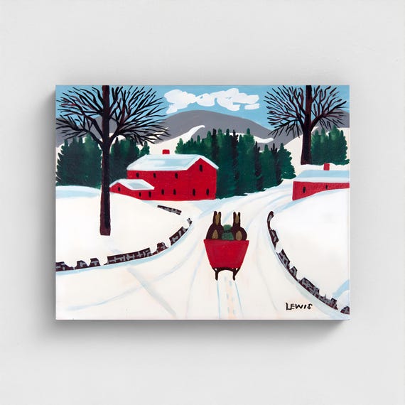 Maud Lewis, Red Sleigh | Vintage Canadian Folk Art