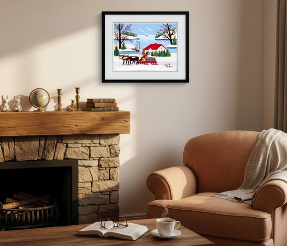 Maud Lewis, Oxen Hauling Logs Coastal View-1965 | Vintage Canadian Folk Art