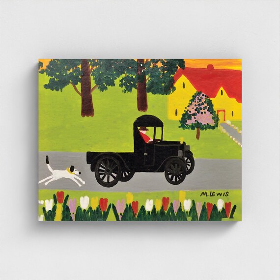 Maud Lewis, Dog ChasingTruck | Vintage Canadian Folk Art