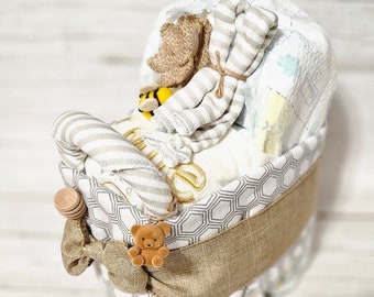 Neutral Baby Carriage Stroller Diaper Cake Bee Themed Diaper Cake Sweet As Can Bee Baby Shower Gift for Newborn Ready to Ship